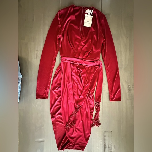 Altuzzara Satin Wrap Burgundy Dress 2 - Picture 4 of 8
